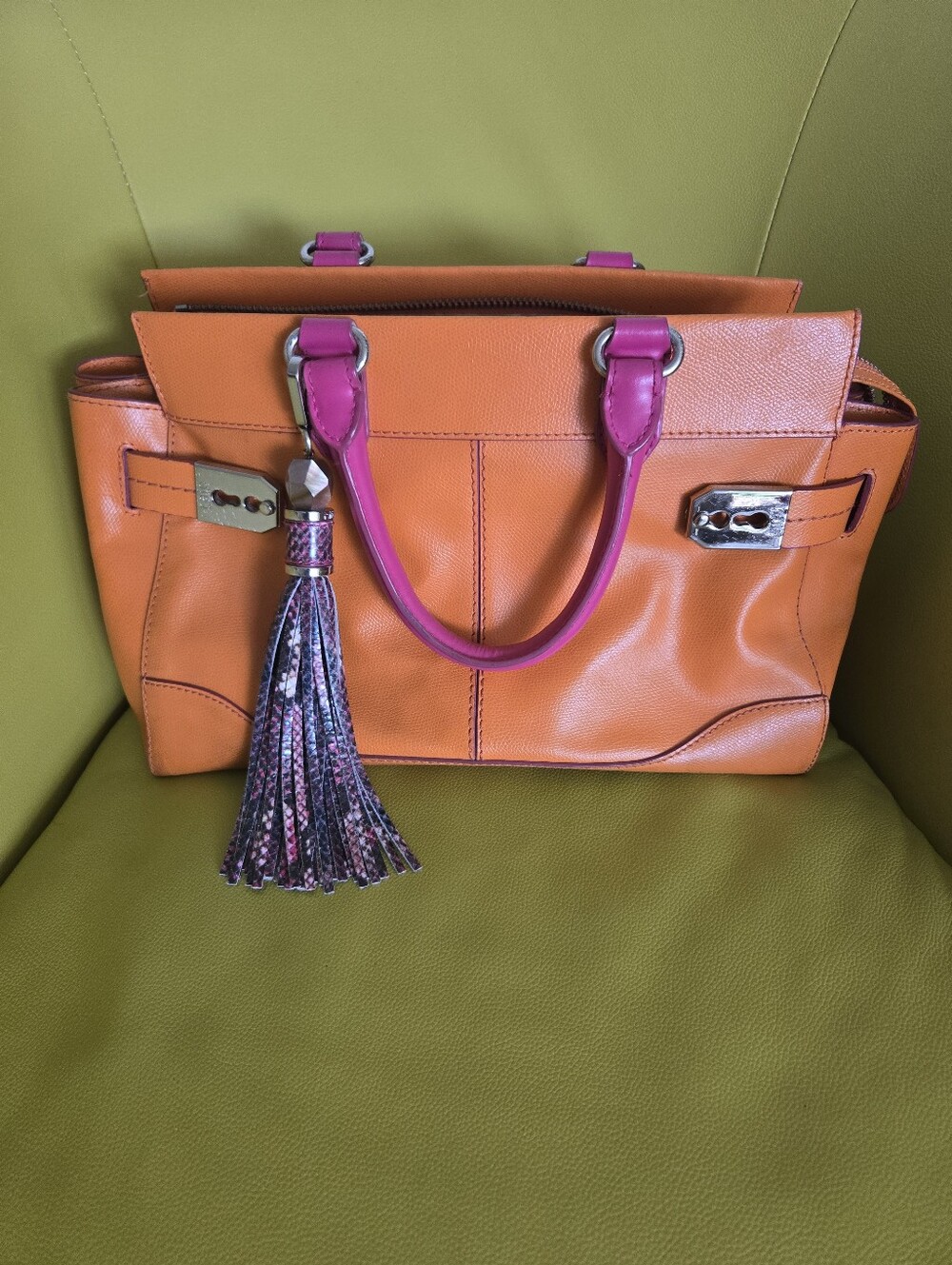 Rafe' Orange and Pink Leather Tote Handbag with Tassel